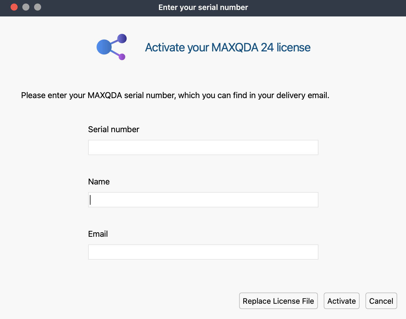 Enter your serial number to activate your MAXQDA license MAXQDA license activation box