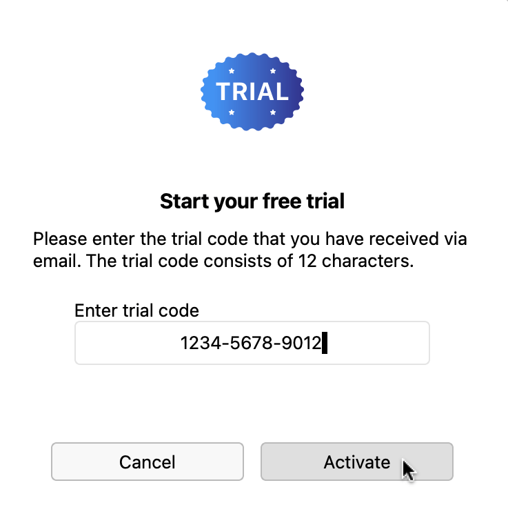 Enter your trial code to start your trial period Dialog box to enter your MAXQDA trial code to activate your trial period