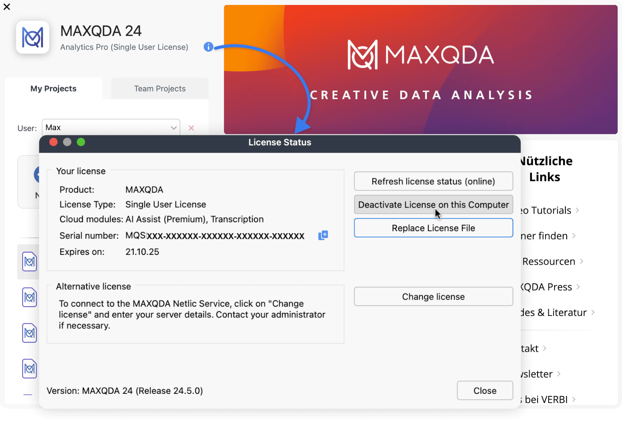 Deactivate your MAXQDA license License status window connected with an arrow to the help menu on the welcome screen