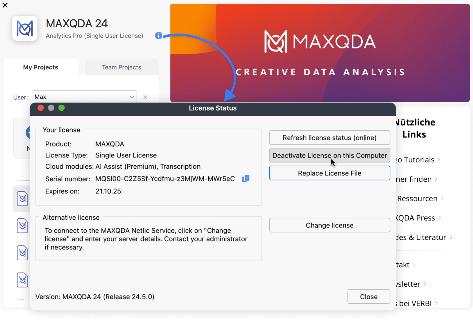 Deactivate your MAXQDA license License status window connected by an arrow from the help menu on the welcome screen