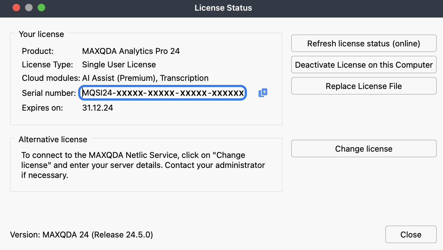 Find your serial number on the license status window License status window with circled serial number