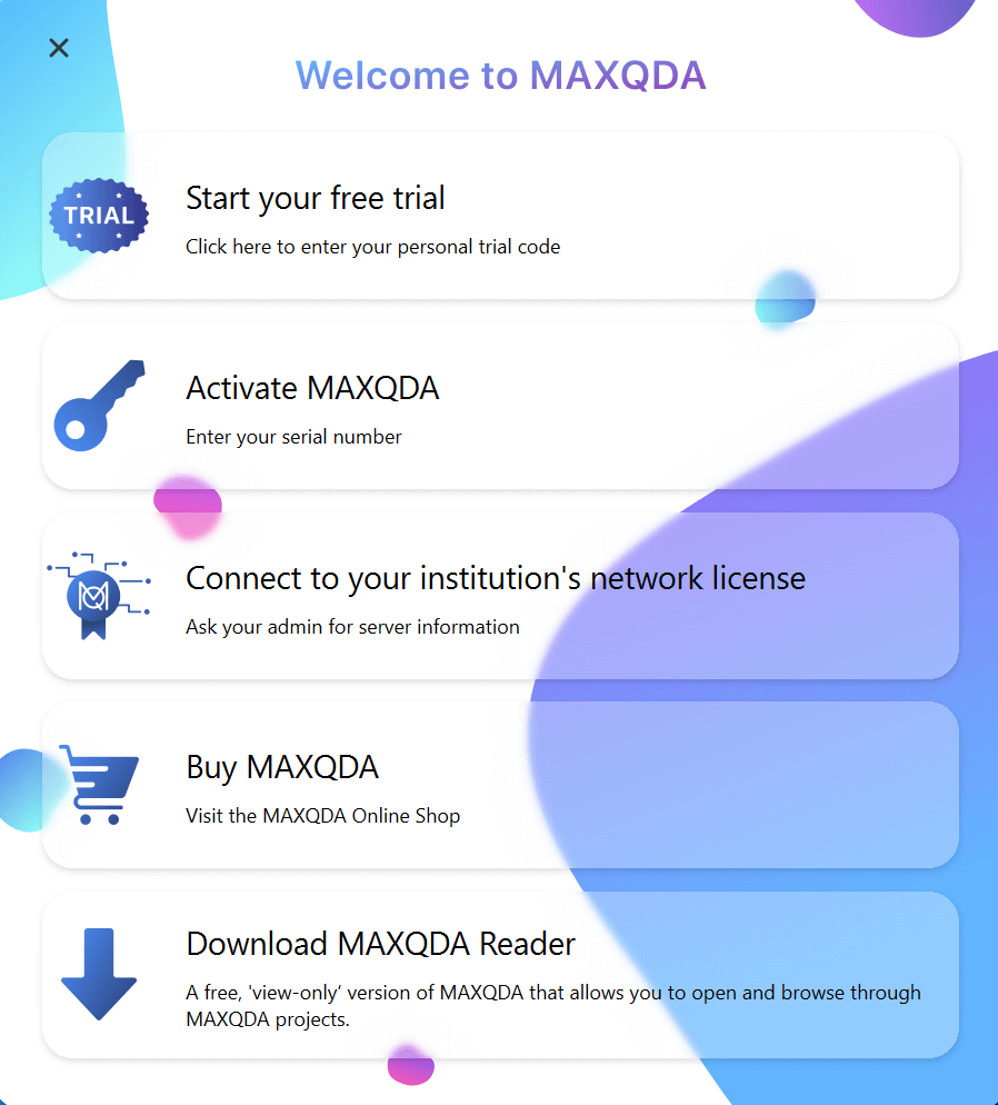 MAXQDA's activation options MAXQDA's activation dialog with all the activation options