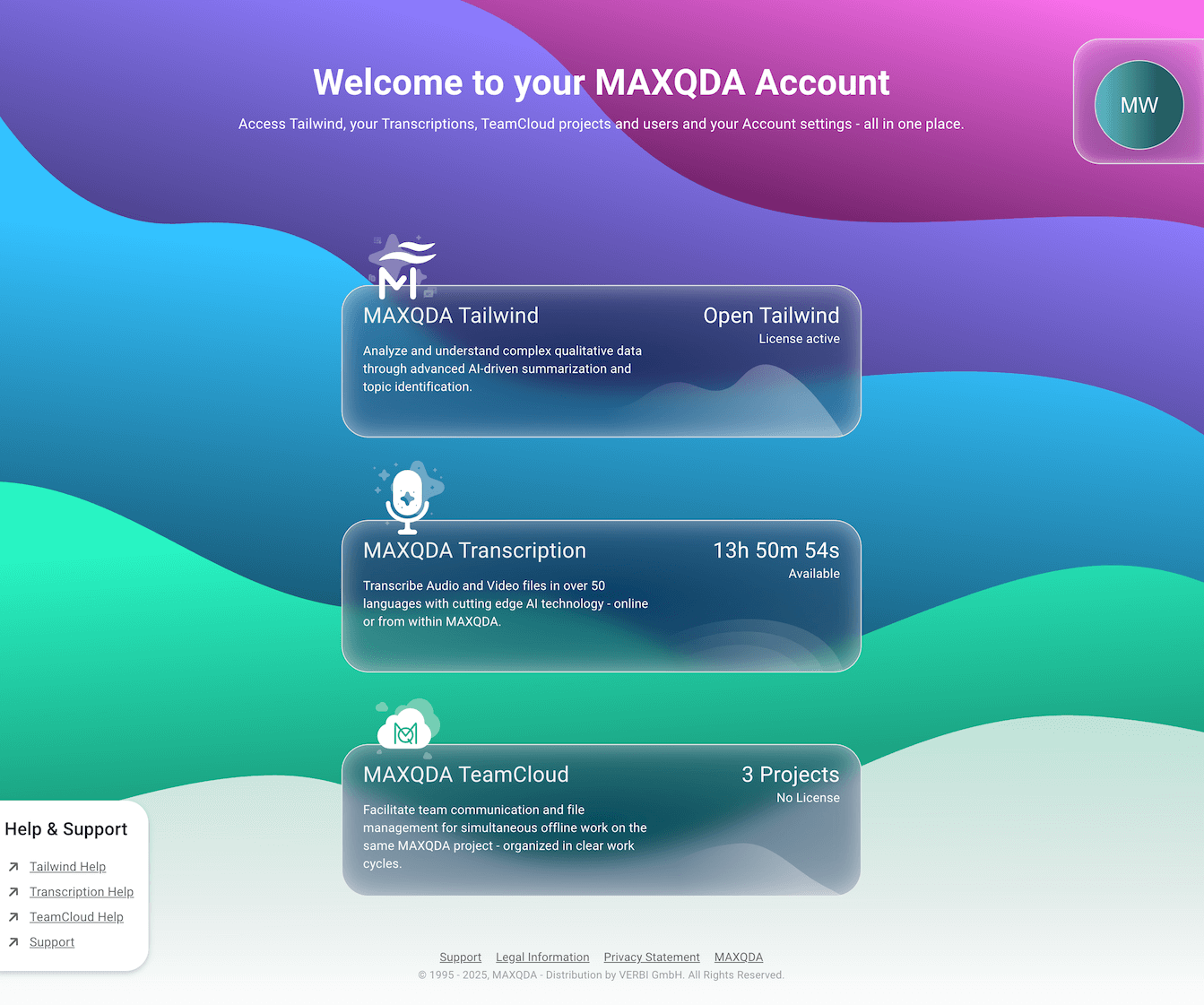 Screenshot of the MAXQDA Account dashboard