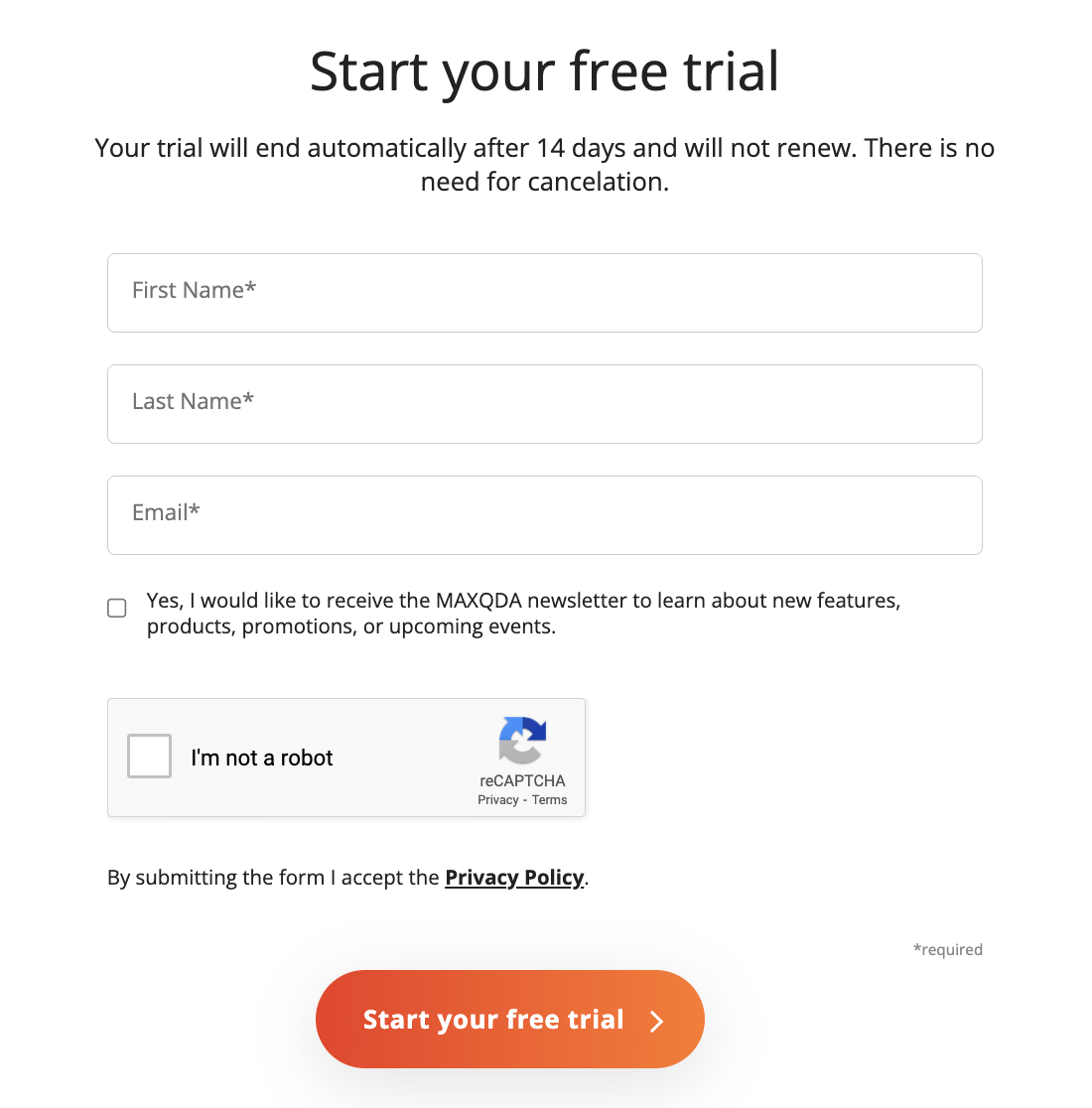 Fill out the form to get your free trial activation code Screenshot of the free trial form users need to submit to get a MAXQDA free trial activation code