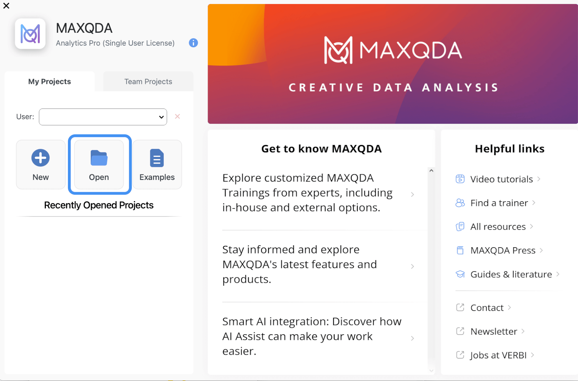 Screenshot of MAXQDA's welcome screen