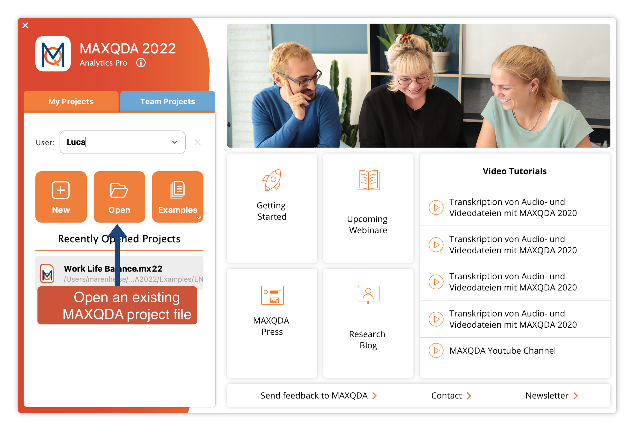 Opening an existing project from the start window