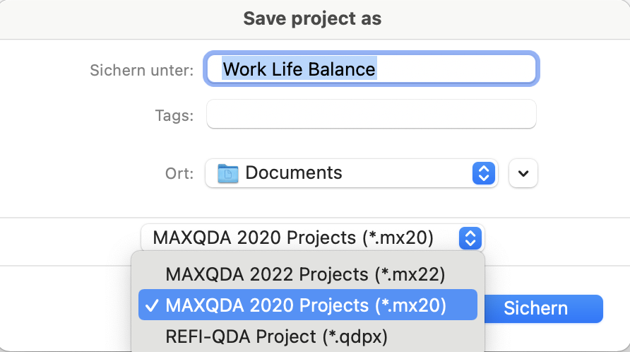 Change the file type to MAXQDA 2020 Project