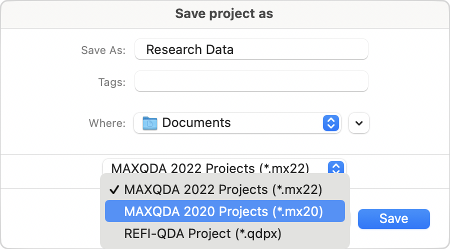 Change the file type to MAXQDA 2020 Project