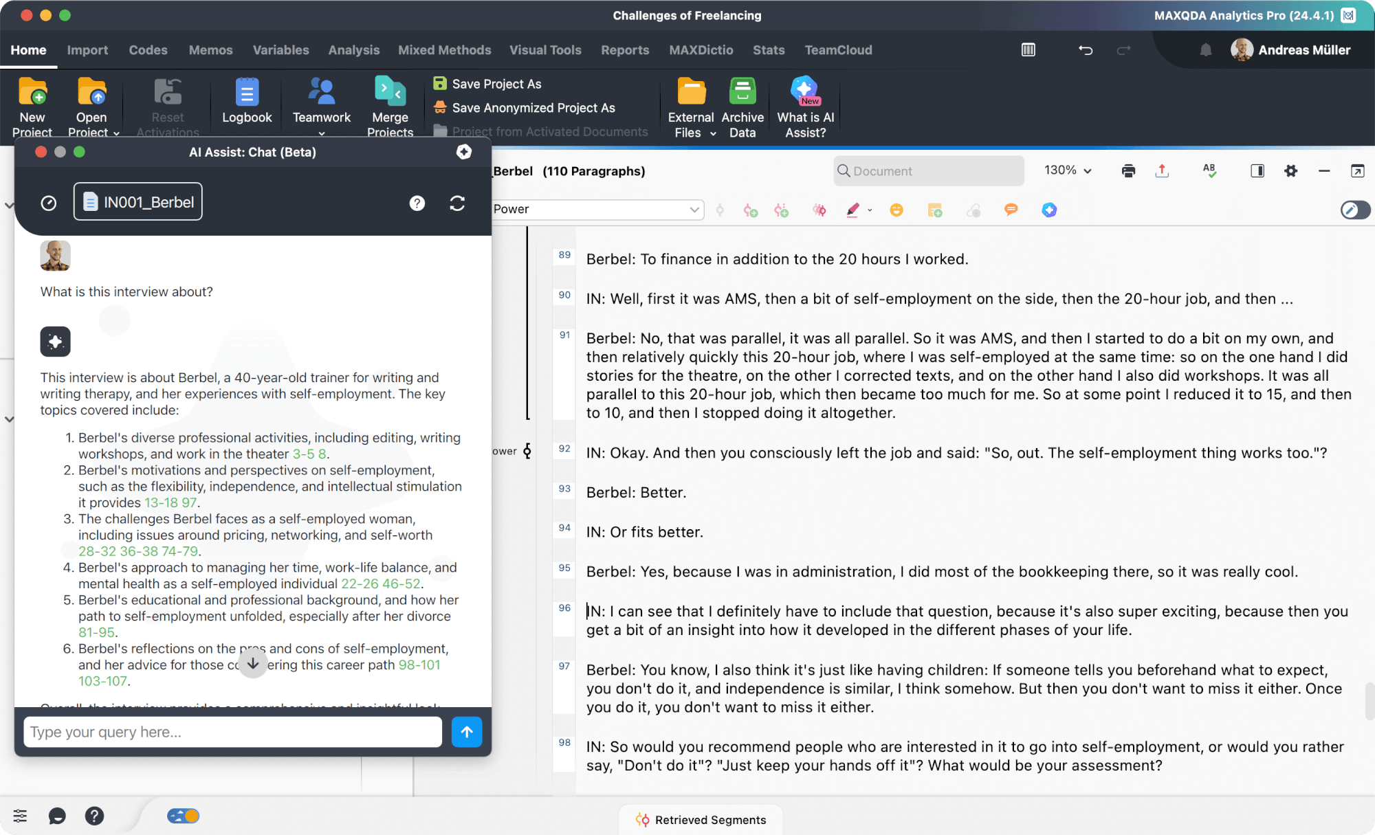 The “Chat with a Document” interface of MAXQDA’s AI Assist The “Chat with a Document” interface of MAXQDA’s AI Assist