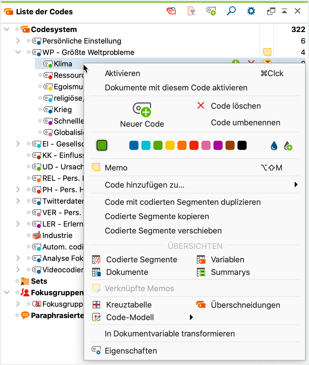 Context menu on the code/subcode level Context menu on the code/subcode level