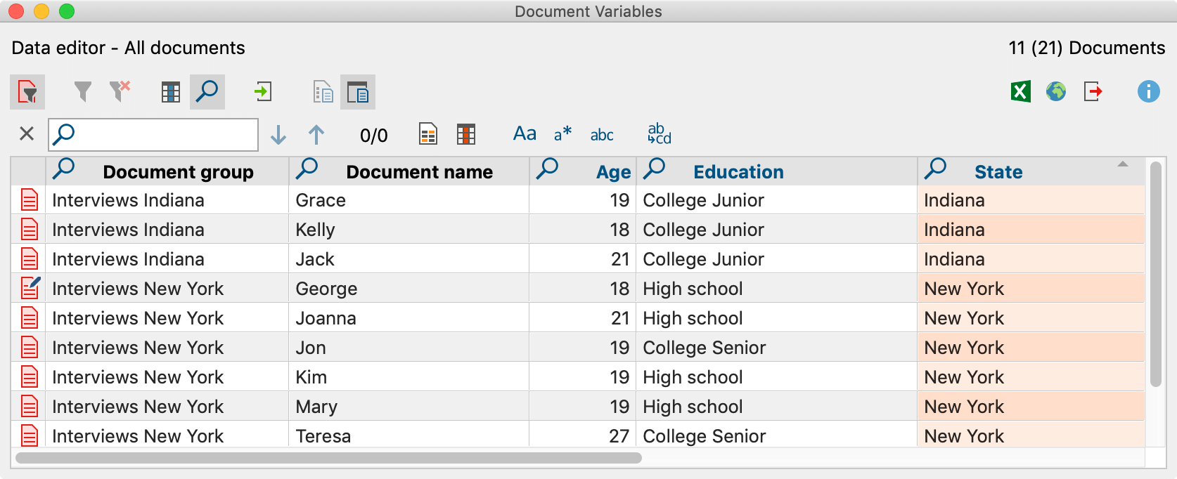 Searching in a table overview Searching in a table overview