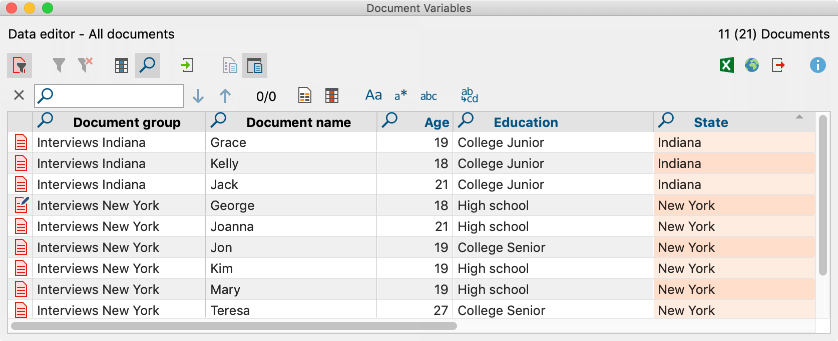 Searching in a table overview