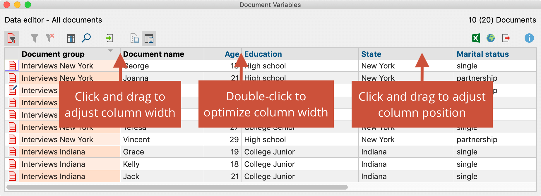 Adjust column width and position Adjust column width and position