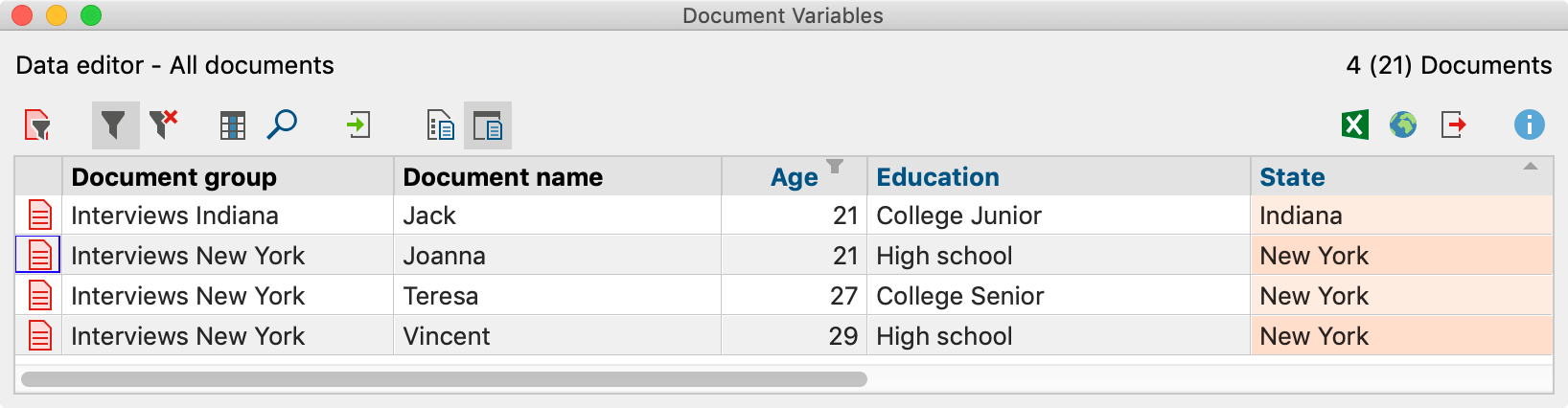 Filtered table overview