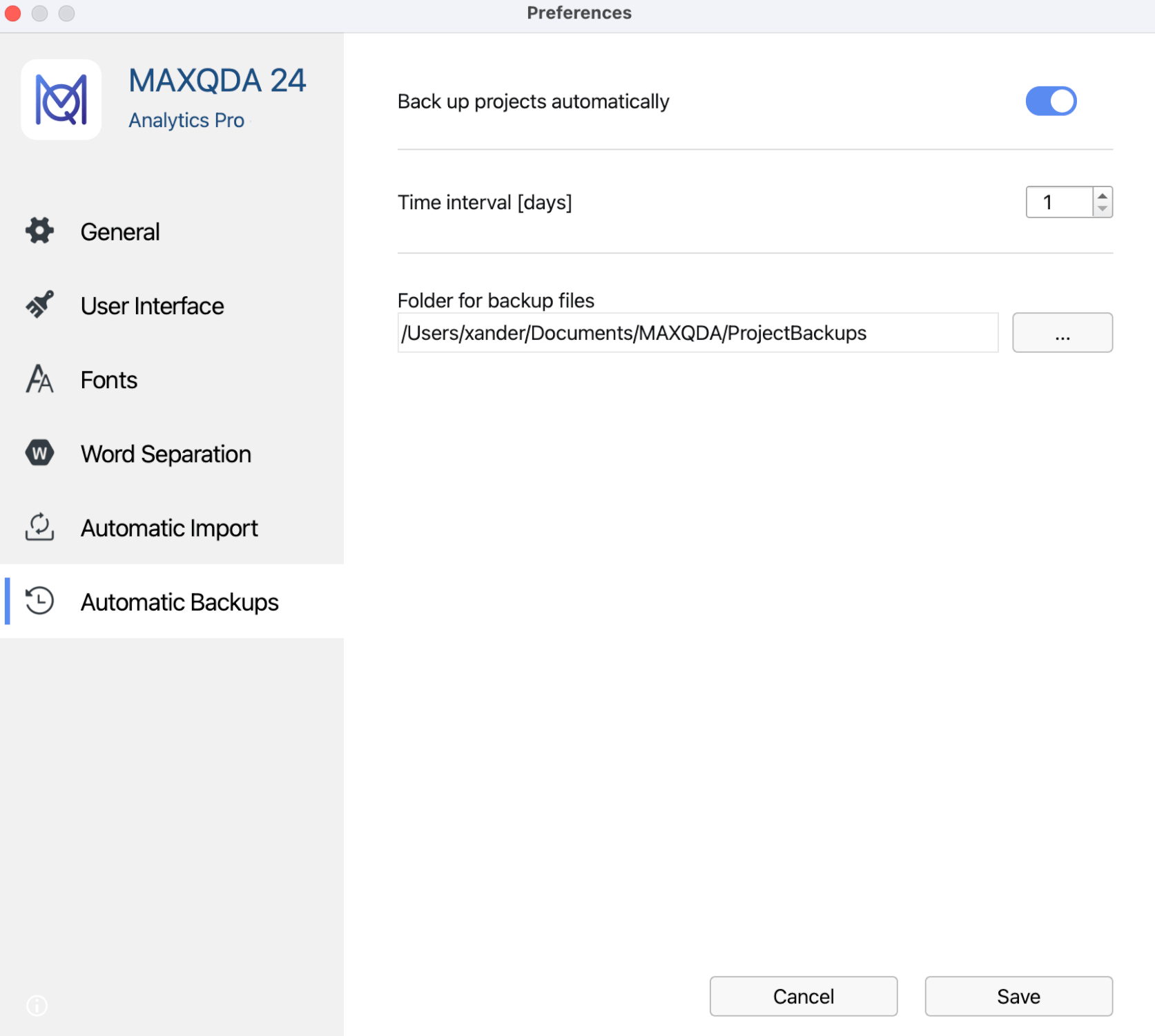 Settings for the automatic project backup