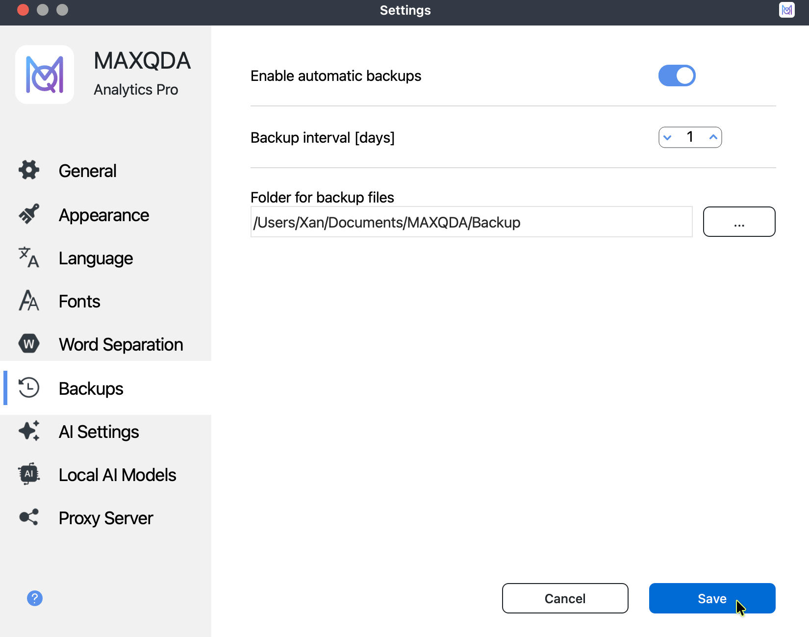 Backups section in Settings Backups section in Settings with the options for automatic project backups