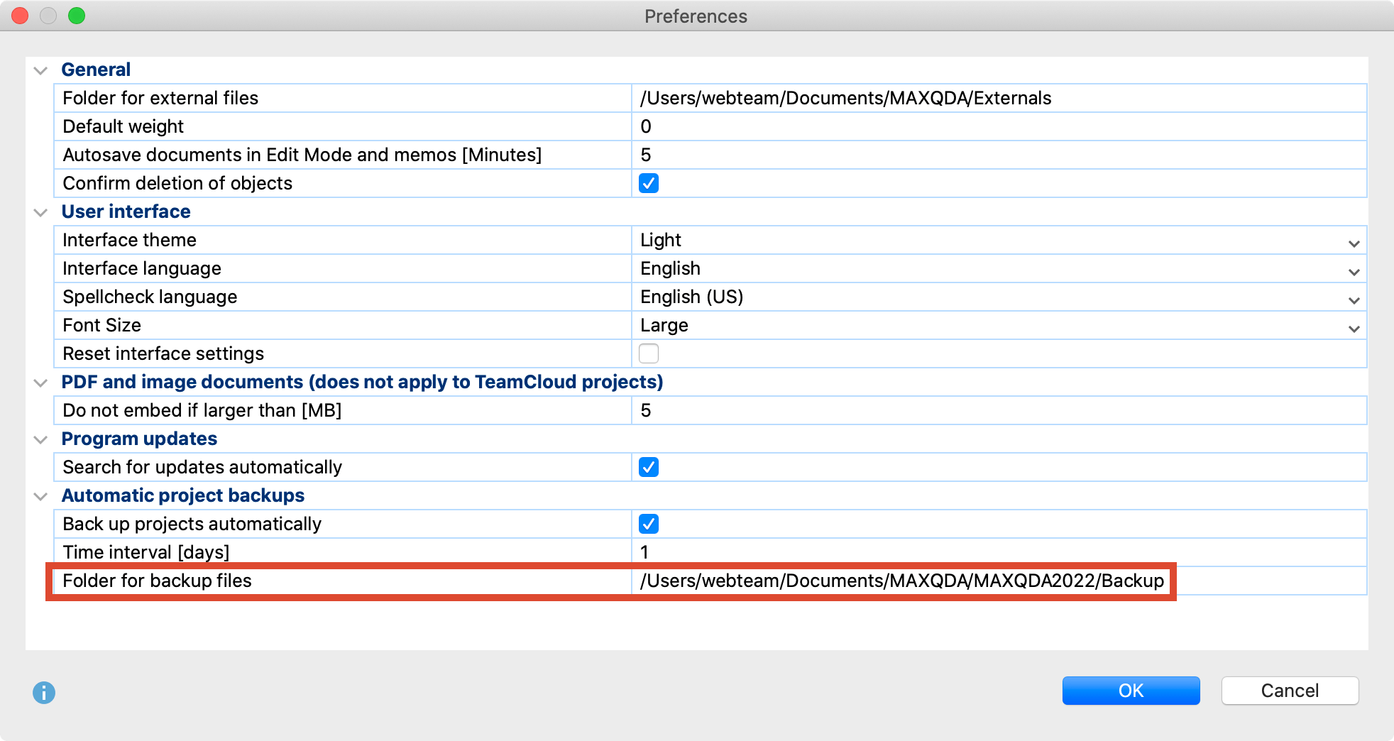 Define the settings for the automatic backup of projects