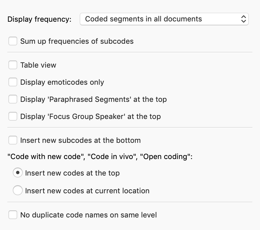 Settings for the Code System window