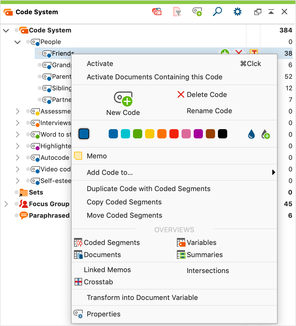 Context menu on the code/subcode level Context menu on the code/subcode level