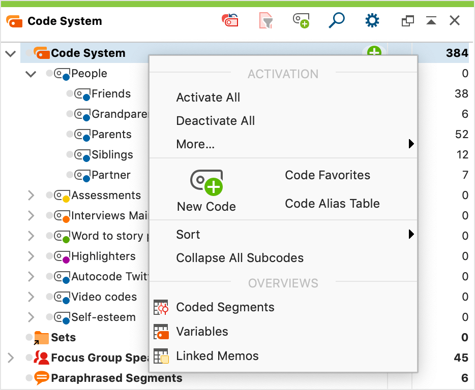 Context menu for the upper level of the Code System Context menu for the upper level of the Code System