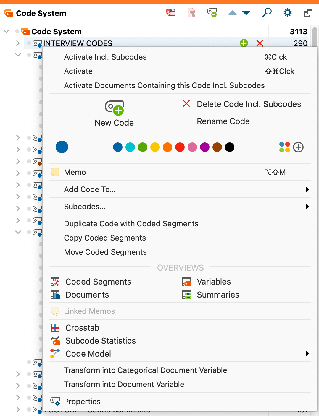 Context menu on the code/subcode level Context menu on the code/subcode level