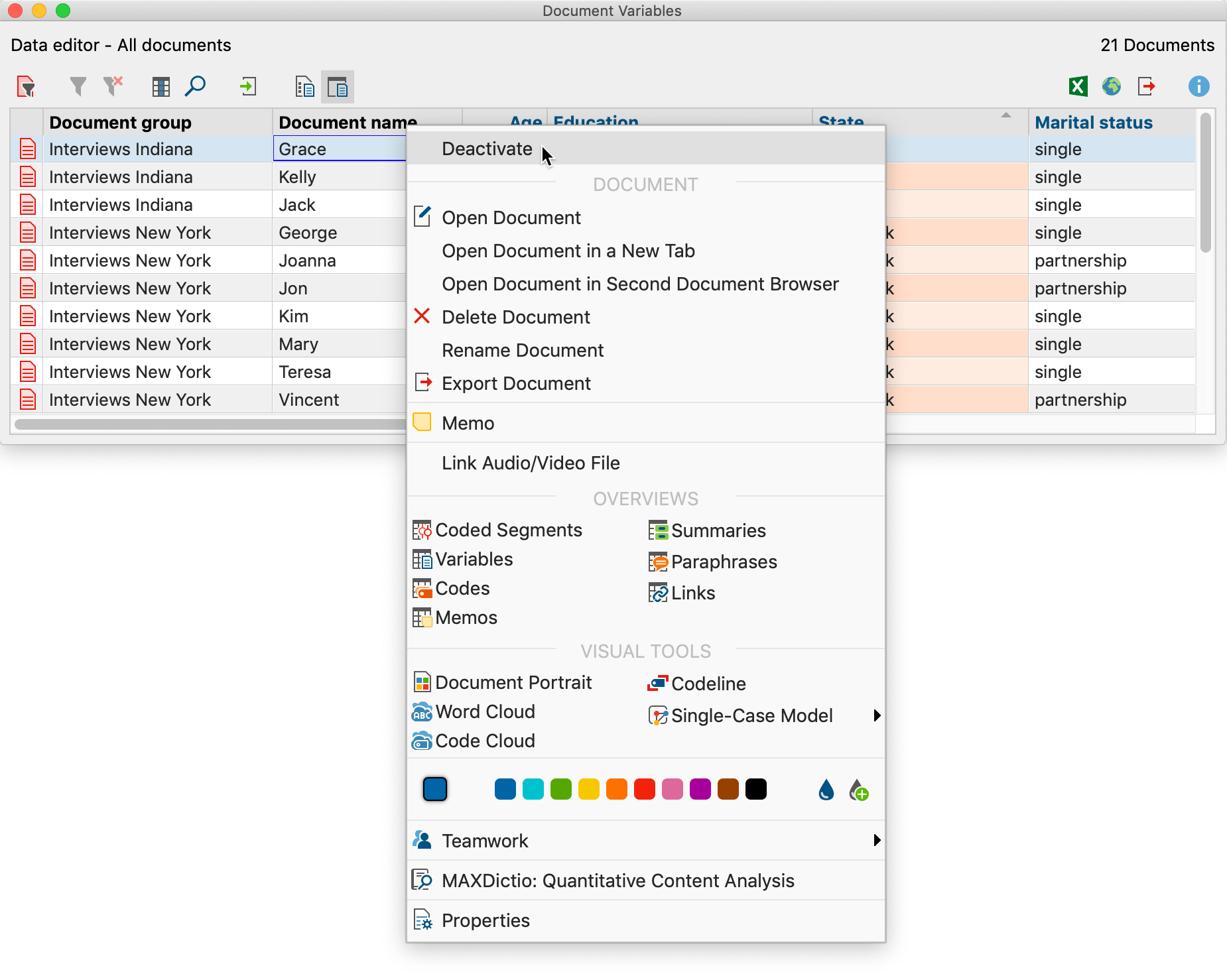 Context menu in the document variables table Context menu in the document variables table