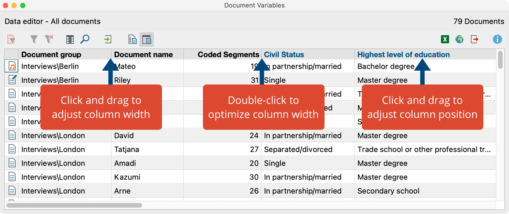 Adjust column width and position Adjust column width and position