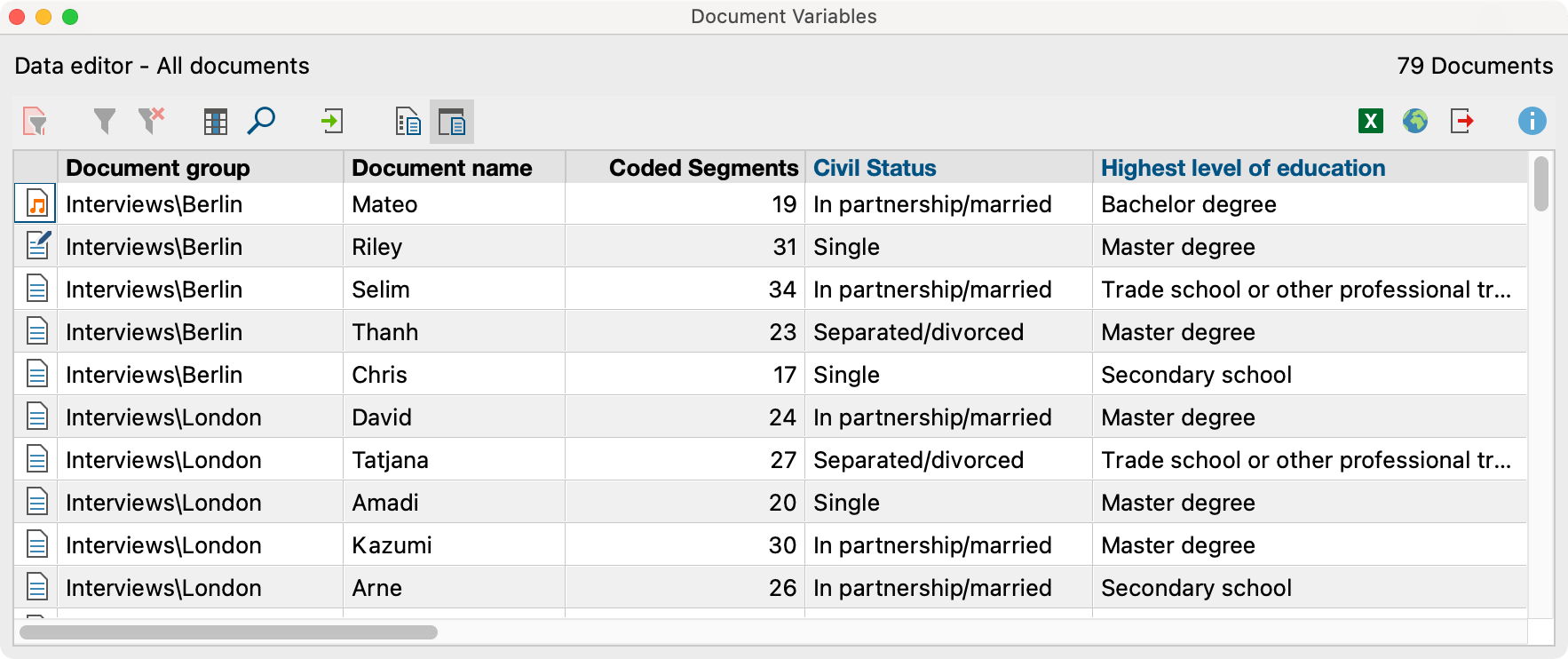 Table view of an example project’s document variables