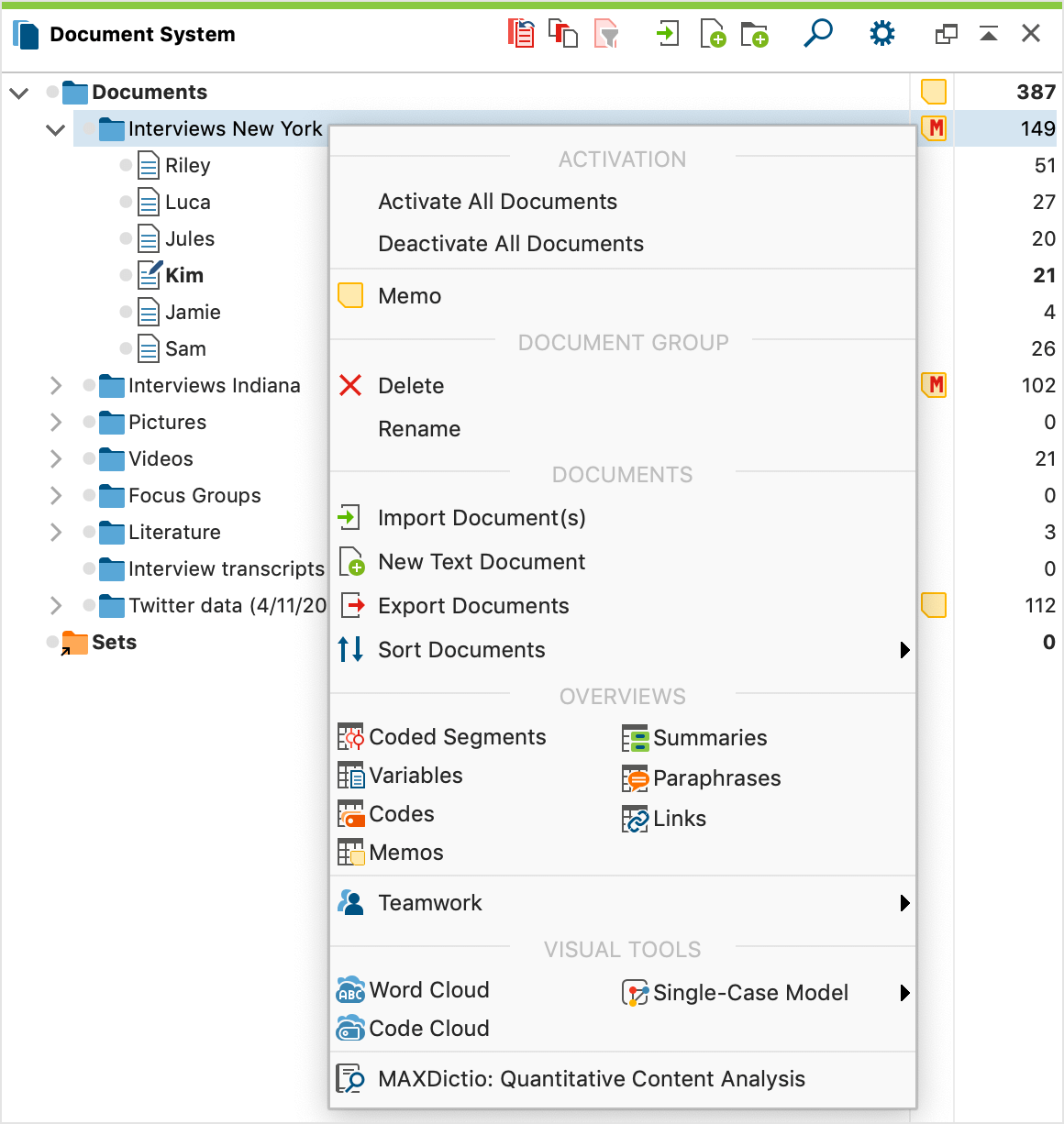 Context menu for the middle (document group) level in the Document System Context menu for the middle (document group) level in the Document System