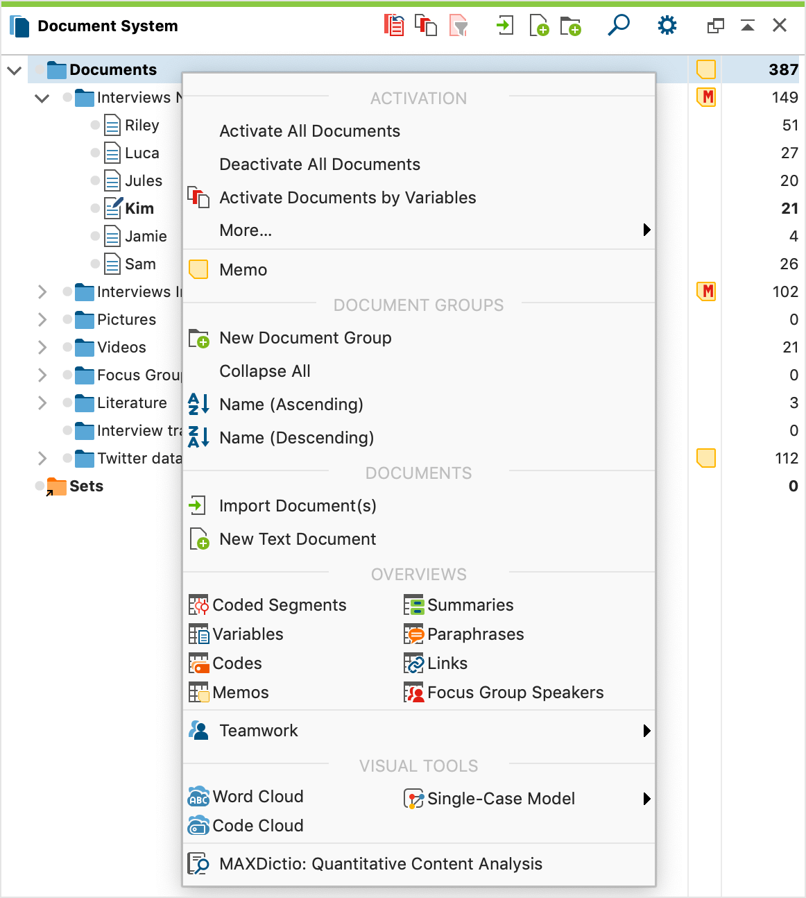 Context menu for the upper level in the Document System