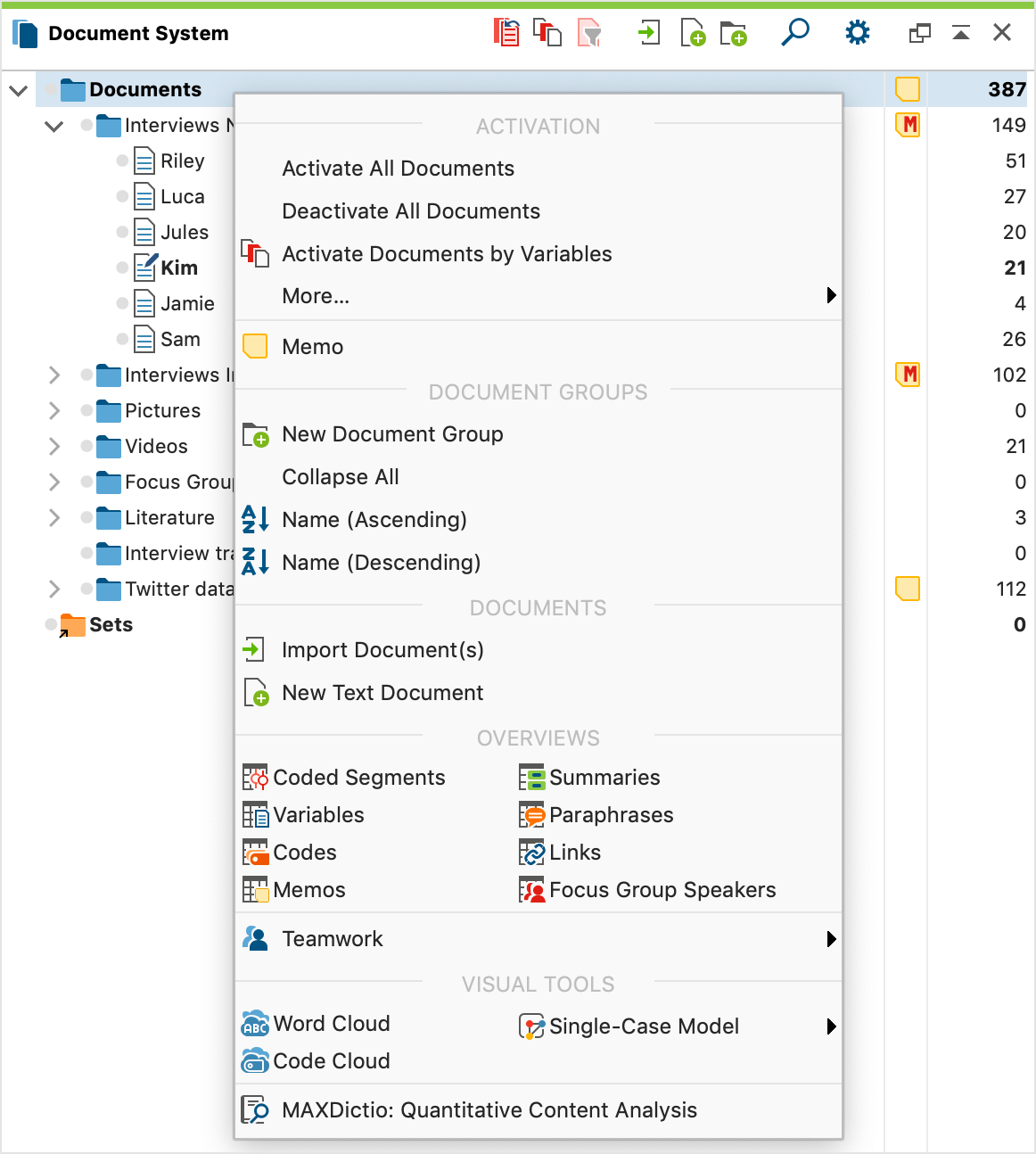 Context menu for the upper level in the Document System Context menu for the upper level in the Document System