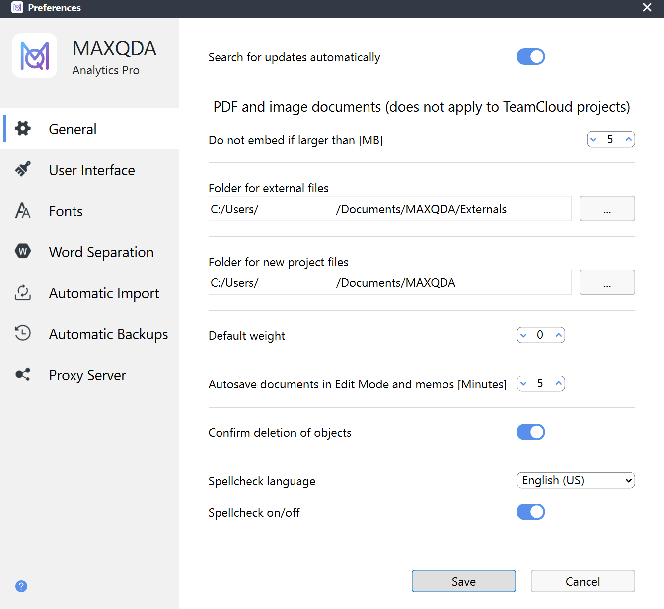 Screenshot of MAXQDA's general preferences window