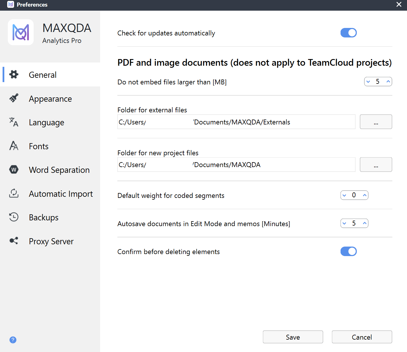 Screenshot of MAXQDA's general preferences window