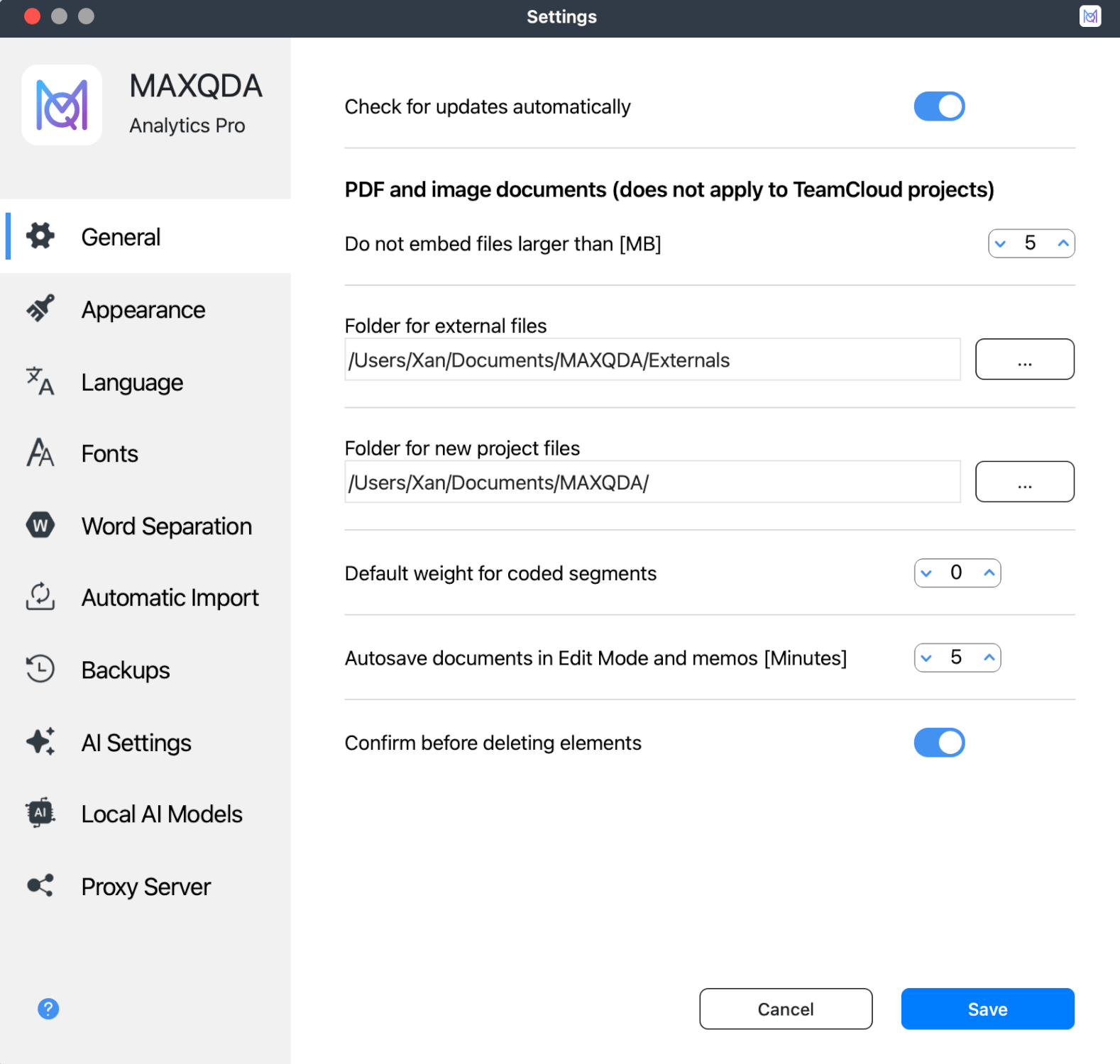 The General section of MAXQDA's Settings window
