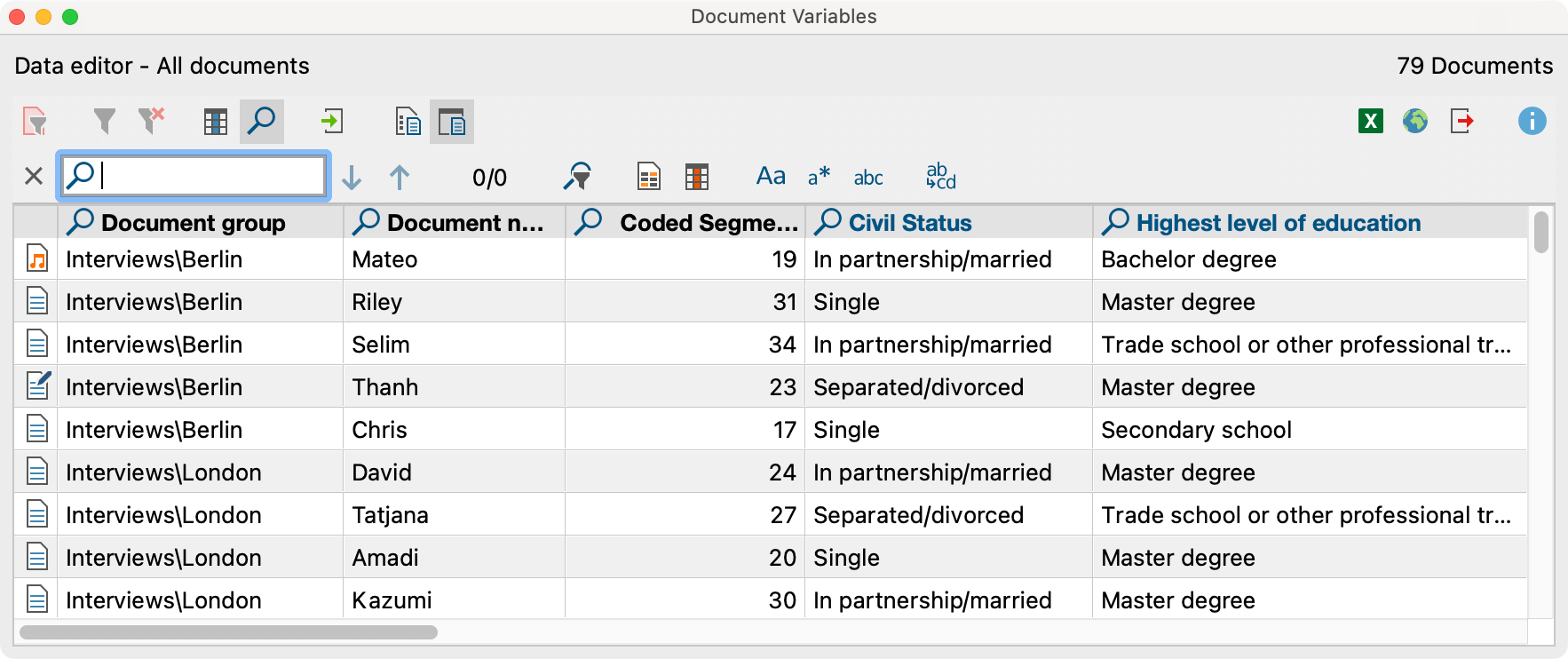 Searching in a table overview