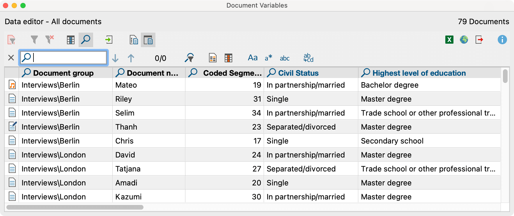 Searching in a table overview Searching in a table overview
