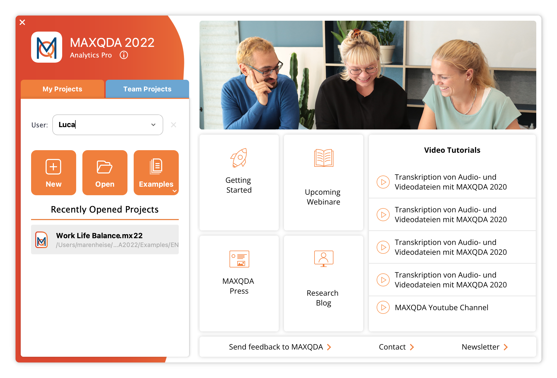 MAXQDA Start Dialog MAXQDA Start Dialog