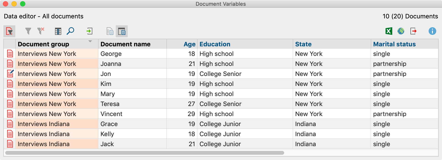 Table view of an example project’s document variables Table view of an example project’s document variables