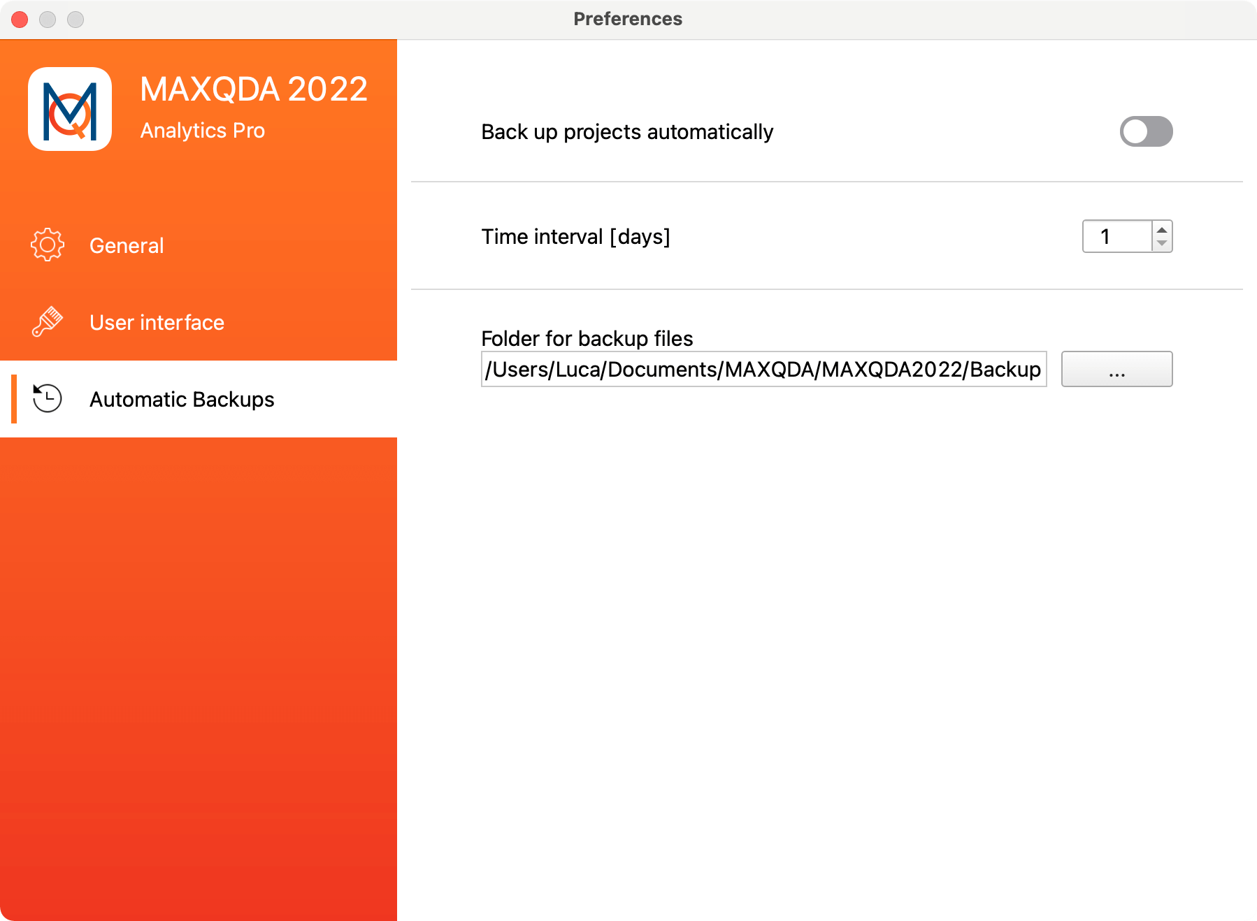 Define the settings for the automatic backup of projects Define the settings for the automatic backup of projects
