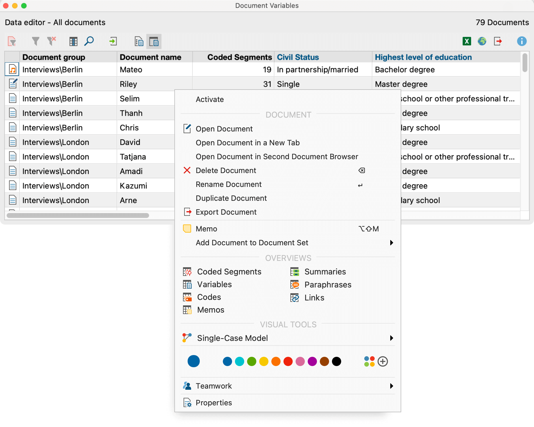 Context menu in the document variables table Context menu in the document variables table