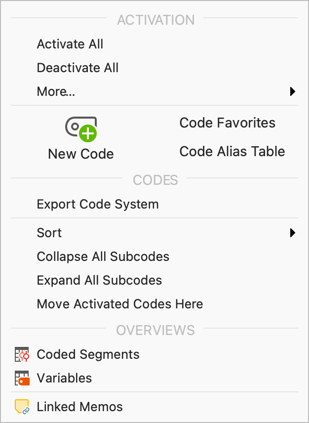 Context menu for the upper level of the “Code System”