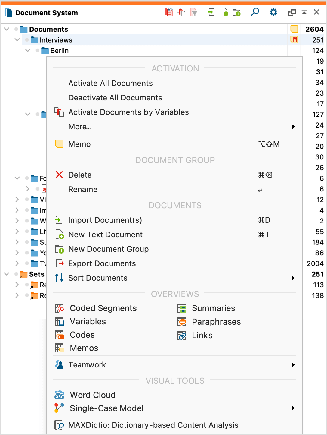 Context menu for the middle (document group) level in the Document System