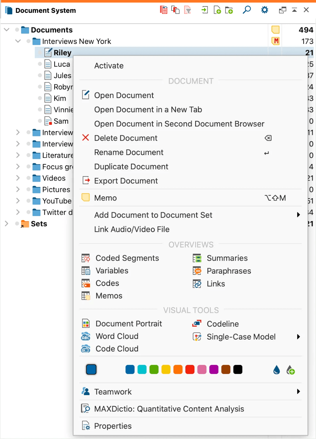 Context menu for the lowest (document) level