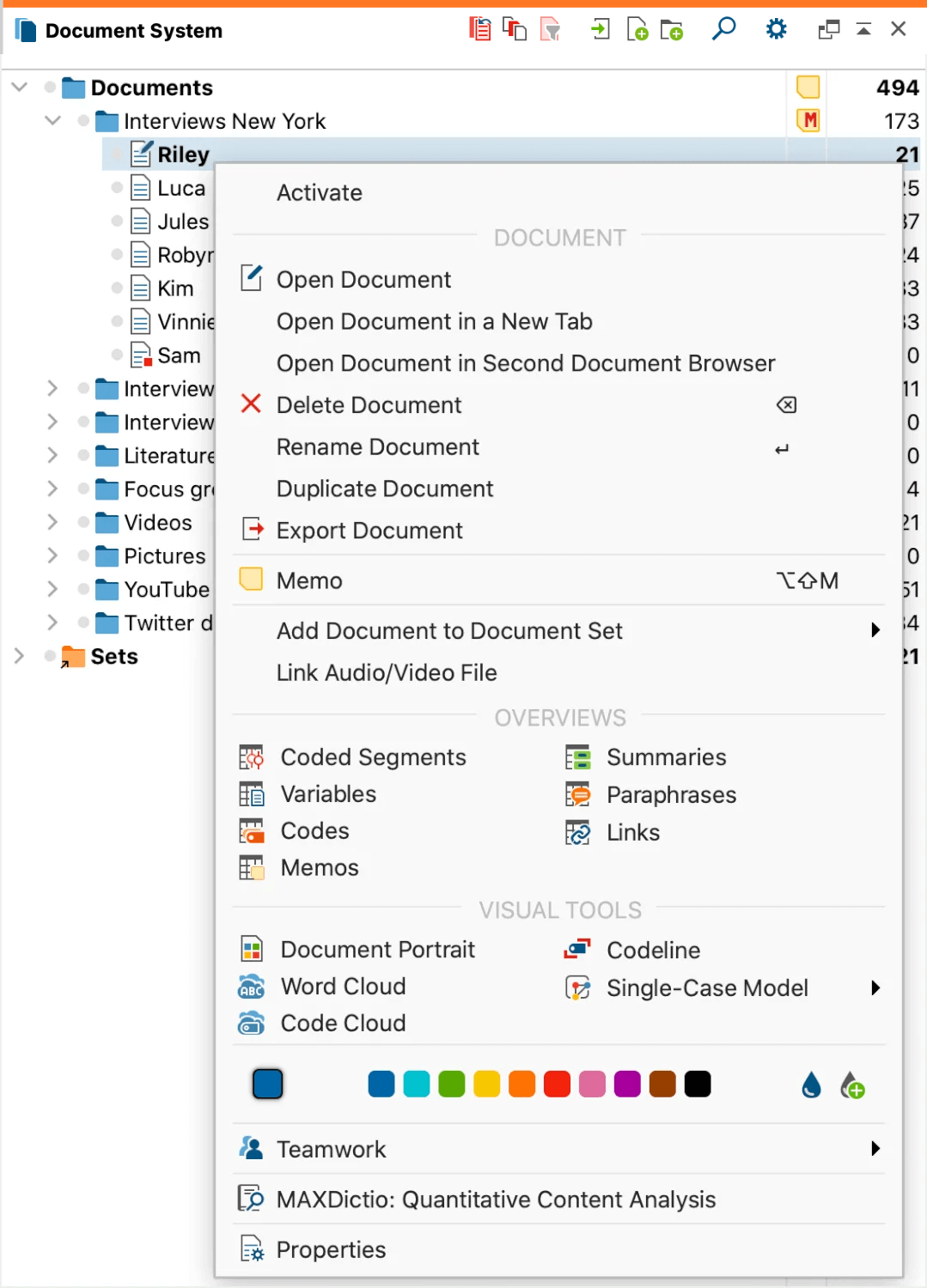 Context menu for the lowest (document) level Context menu for the lowest (document) level