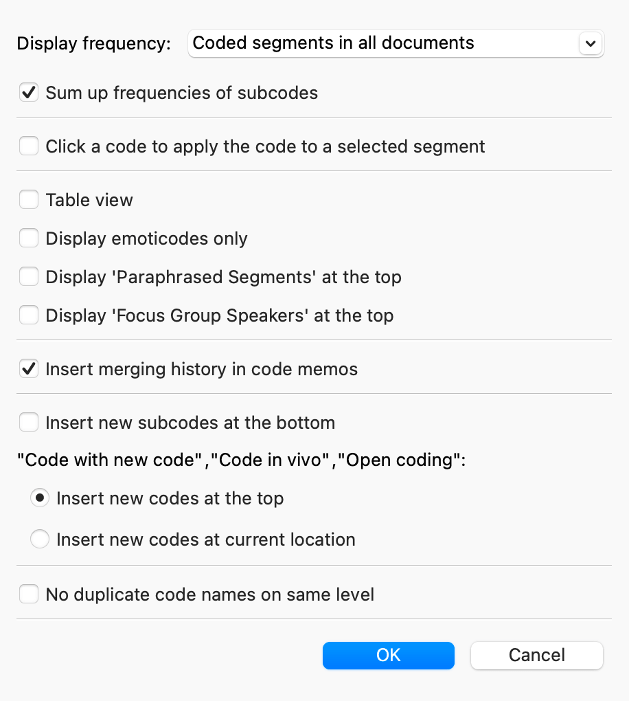 Settings for the “Code System” window