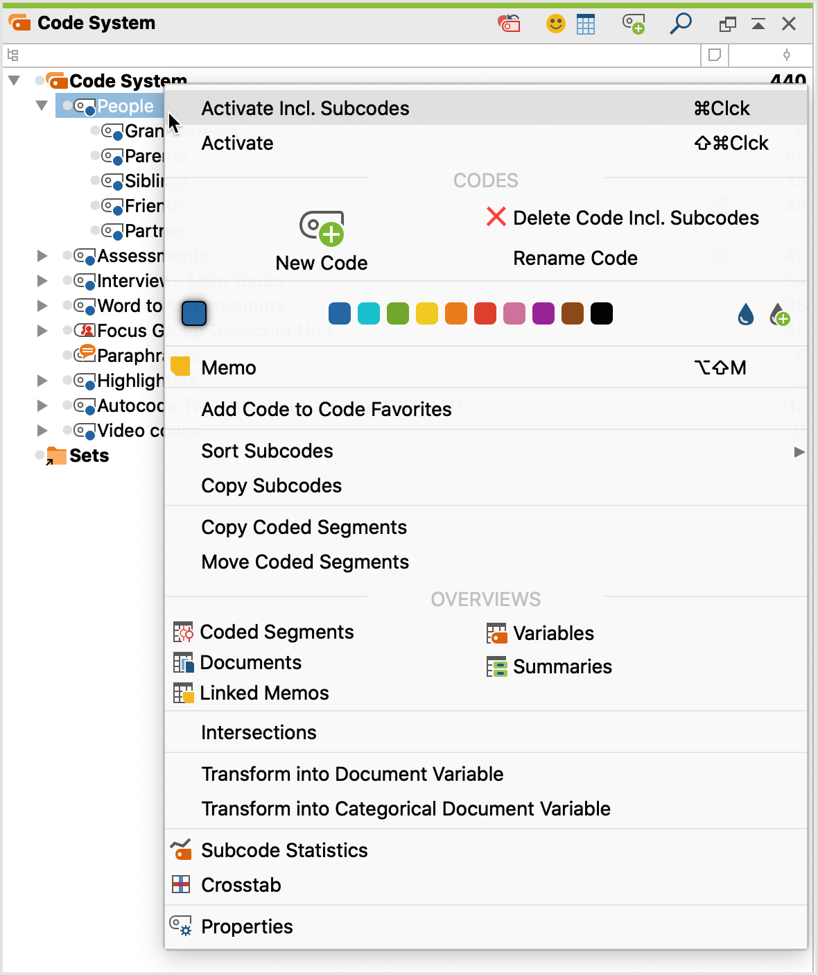 Context menu on the code/subcode level Context menu on the code/subcode level