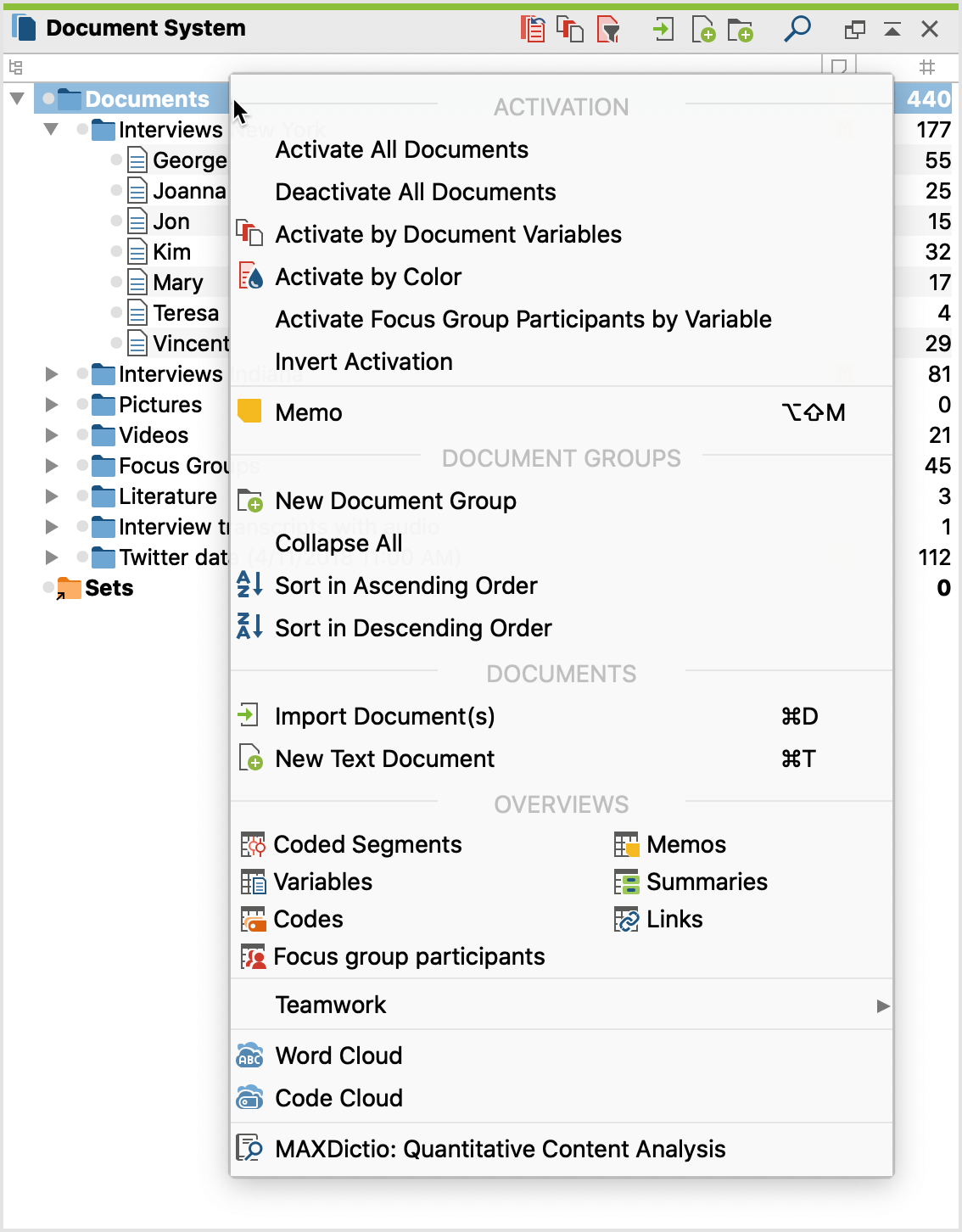 Context menu in the Document Browser Context menu in the Document Browser