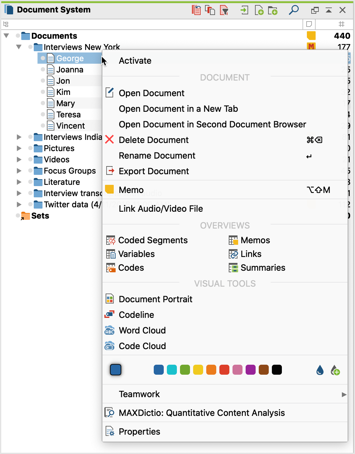 Context menu for the lowest (document) level Context menu for the lowest (document) level