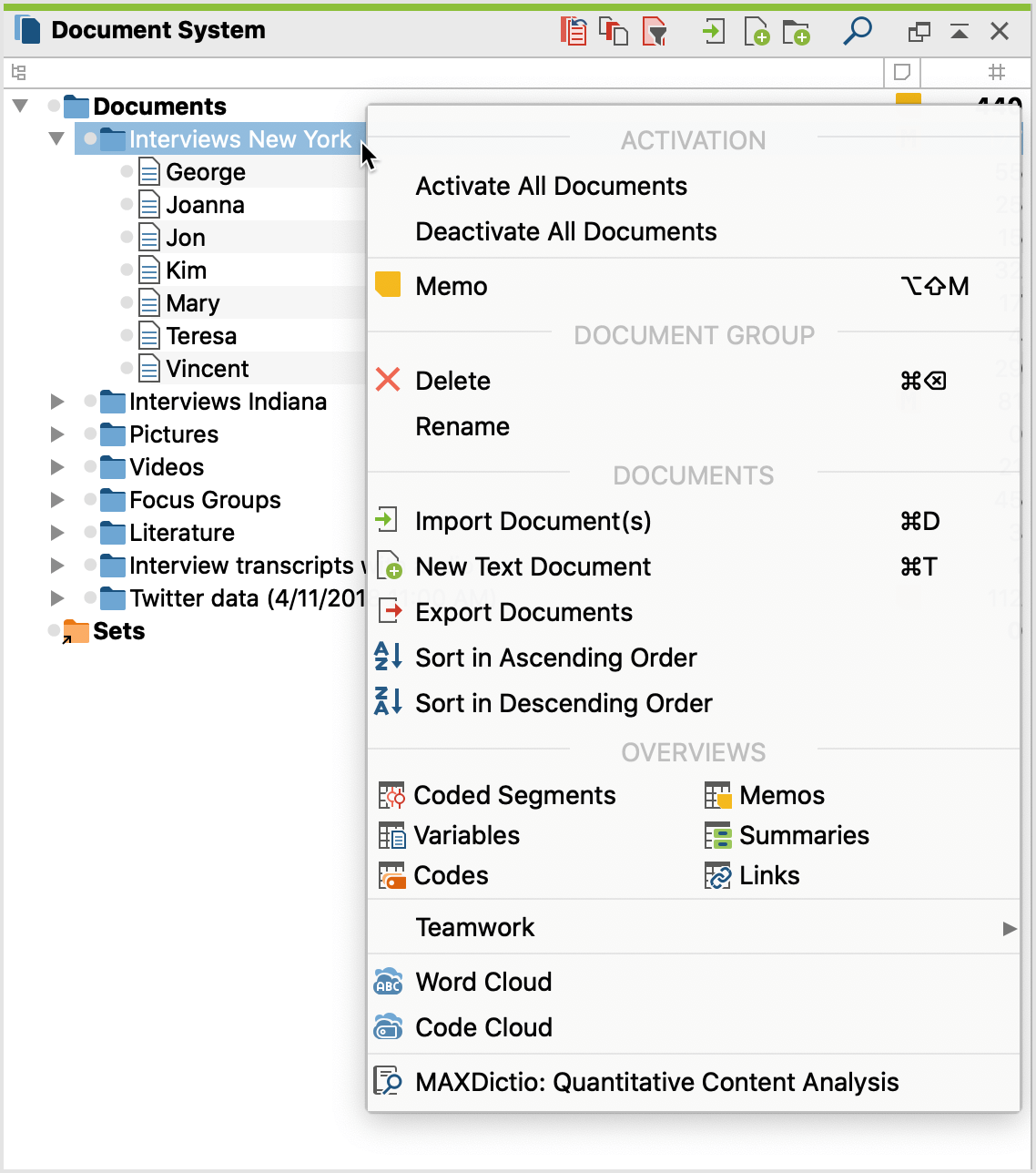 Context menu for the middle (document group) level in the Document System Context menu for the middle (document group) level in the Document System