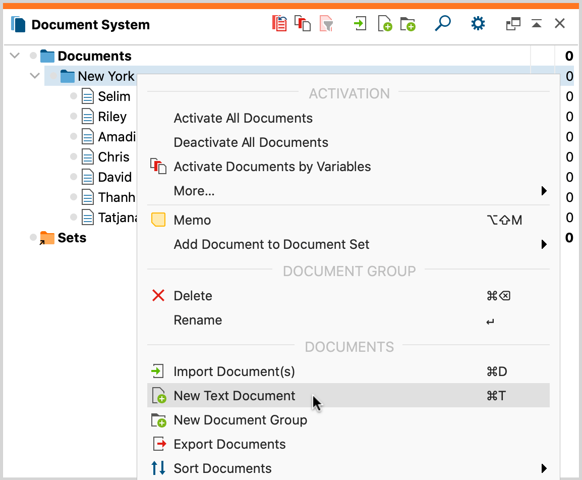 Creating a new document via the context menu of a document group